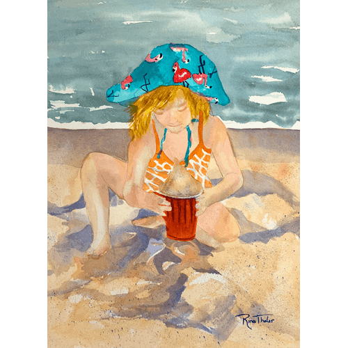 Sand Play Watercolor Painting by Ocean City Artist Rina Thaler